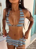 Nouveau Maillot de Bain Bikini 2 Pièces Femme 2026 Style Européen et Américain Imprimé Léopard, Jupe Fendue Ondulée, Séchage Rapide, Halter à Lacets, Sexy