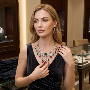 Brass CZ Emerald <b>Ruby</b> Bridal <b>Necklace</b> and Earring Set Classic Style Rhodium Plated Wedding Gift Jewelry for Women & Children - Product Image 3
