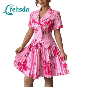 Ensemble blazer floral pour femmes, ensemble jupe mini plissée, ensemble jupe élégante vintage à imprimé rose, ensembles de jupe de soirée pour femmes, tenues 2 pièces pour femmes - Product Image 1