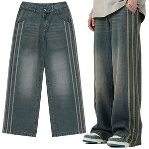 Jeans de mezclilla Y2K holgados de algodón lavado con rayas de cinta vintage personalizados al por mayor, de pierna recta, estilo urbano, para hombre. - Product Image 1