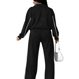 Women Black Full Sleeve Tracksuit With White Stripe Loose Fit Casual Zipper Front Sweatshirt And <b>Pants</b> Set - Product Image 4