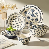 Service de table en céramique sous glaçure haut de gamme de style français Xuanhui, motif floral bleu vintage, motif végétal, compatible micro-ondes pour la maison