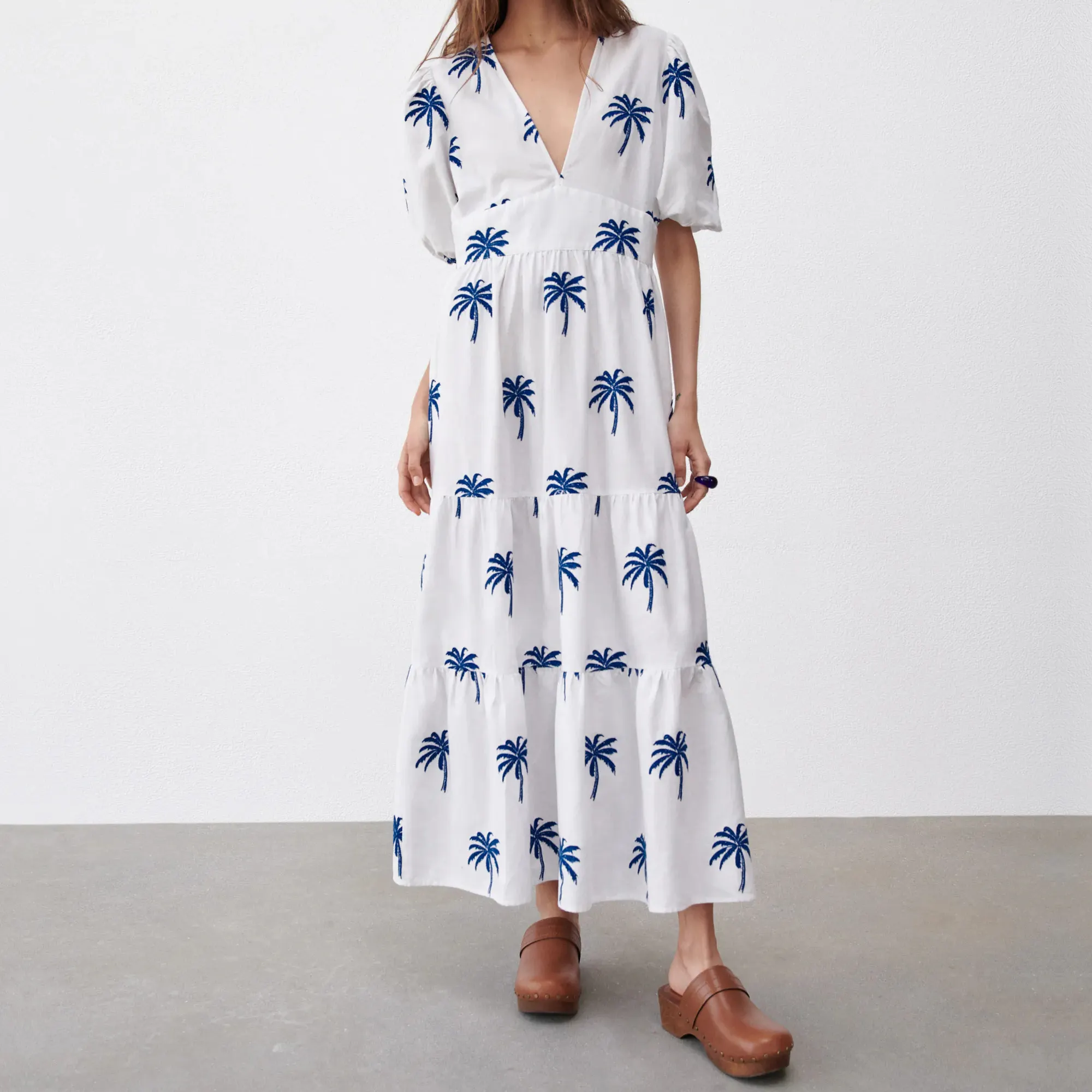 OEM ODM High Quality Summer Clothing Cotton Linen Dress Puff Sleeve Custom Coconut Tree Embroidered Maxi Long Women's Dresses