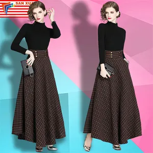 2024 spot new products elegant casual big swing and ankle high waist plaid long strapped lady dresses + knitted bottoming shirt