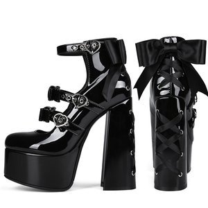 Bottes courtes à plateforme pour femme, grande taille 47, avec boucles cœur, lacets croisés à l'arrière, talons épais et nœud - Product Image 1