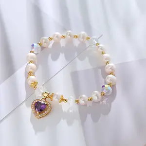 Elegant Natural Freshwater Pearl Luxury Heart Gemstone Purple Heat Charm Bracelet