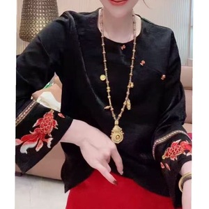 Traditional Chinese Red Embroidery Top Koi Pattern Loose Fit New Year Wear Cotton Linen Blend - Product Image 3