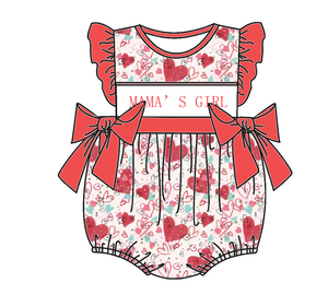 Baju Bayi Smocked Mama's Girl dengan Nama Kustom, Dua Pita, Motif Cinta, Romper Bubble Musim Panas Rajutan 100% Katun - Product Image 3