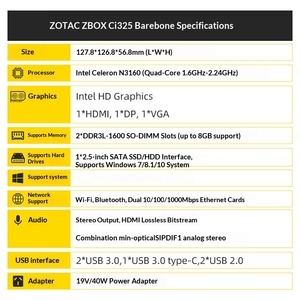 ZBOX N3160 คอมพิวเตอร์ขนาดเล็กแบบไร้พัดลม ระดับอุตสาหกรรม พร้อมพอร์ตเครือข่ายคู่ ใช้ชิปประมวลผล CI325 NANO Quad-Core จากจีน - Product Image 4
