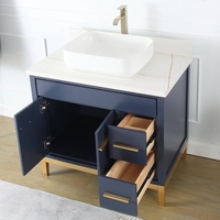 Meuble-lavabo de salle de bain moderne en bois massif bleu marine de 36 pouces, écologique, durable, avec vasque simple et armoire sur pied