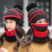 3 pezzi winter knit beanie matching hats mask sciarpa scaldacollo set accessorio per climi freddi da donna di alta qualità cappellini con pompon