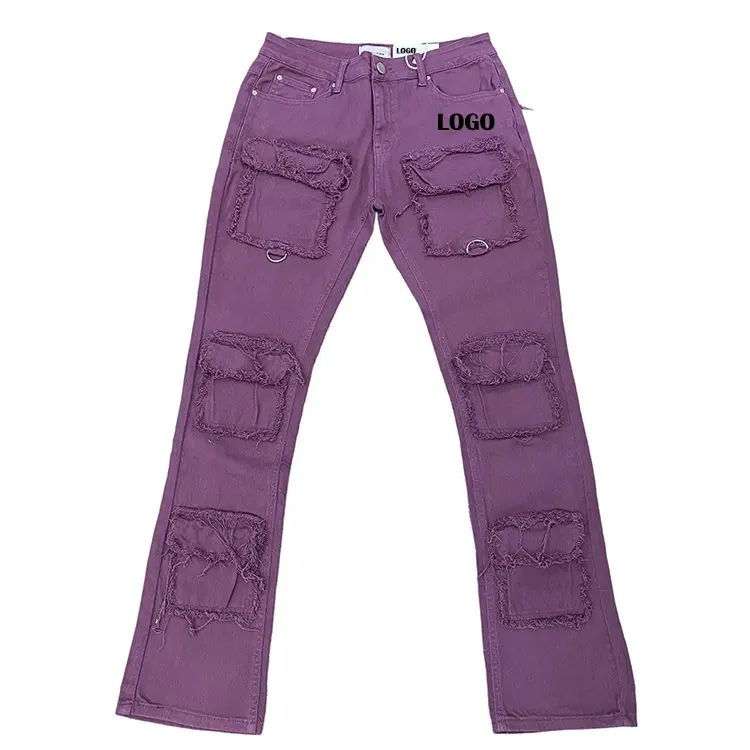 OEM Custom Purple Straight Multi Pockets Cargo Denim Pants Jeans For Men