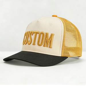 <span class=keywords><strong>หมวก</strong></span>แฟชั่นแบบมีโครงสร้าง 5 ชิ้น ผ้าฝ้าย ปักโลโก้ตามสั่ง สีบล็อกกิ้ง สำหรับทั้งชายและหญิง กันน้ำ ปักลาย 3 มิติ <span class=keywords><strong>หมวก</strong></span>เบสบอลทรง Trucker - Product Image 1