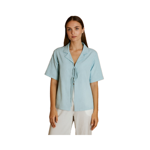 เสื้อเบลาส์ผูกคอปกผ้าฝ้ายสีฟ้าอ่อนสำหรับผู้หญิงเสื้อเบลาส์เอวสูงด้านหน้าโบว์ลายทางลำลอง - Product Image 1