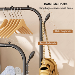 New Metal Double Pole Clothes Rack Floor Standing Hanging Laundry Multifunctional Movable Clothes Rack With Hooks - Product Image 5