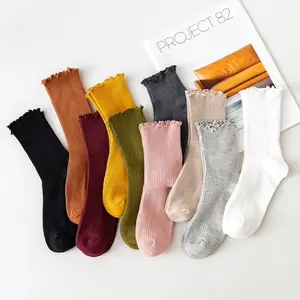 High quality cheap lace design solid color Wooden ear women's socks fashion matching tube socks