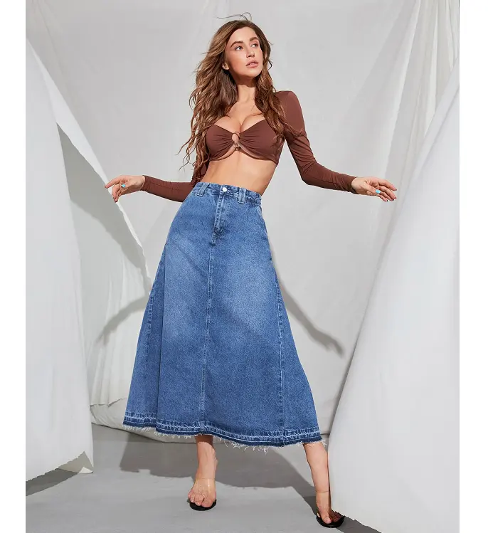 New Fashion Blue Raw Edge Bottom Hem Non-Stretch OEM&ODM Denim Long Skirts