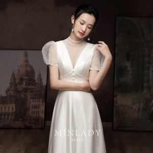 Minlady Bride White Satin Sheath Wedding Dress High Neck Short Sleeve Vintage Style For Brides - Product Image 2