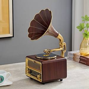Tocadiscos de vinilo vintage directo de fábrica con bocina metálica, radio FM, USB, Bluetooth, 3 velocidades, tocadiscos de madera para decoración del hogar - Product Image 3