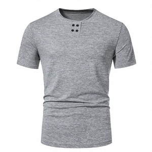 T-shirt Henley à manches courtes pour homme, gris, coupe ajustée, respirant, tricoté, décontracté, couleur unie, col rond - Product Image 1