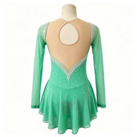 Robe de patinage artistique vert menthe à col en V et manches longues, avec découpe ovale et dos ouvert, pour filles adultes, compétition et performance