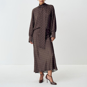 Women's Long Polka Dot <b>Skirt</b> High Neck Wrap Design Evening Dress Natural <b>Waist</b> Micro <b>Elasticity</b> FDL1684 - Product Image 1