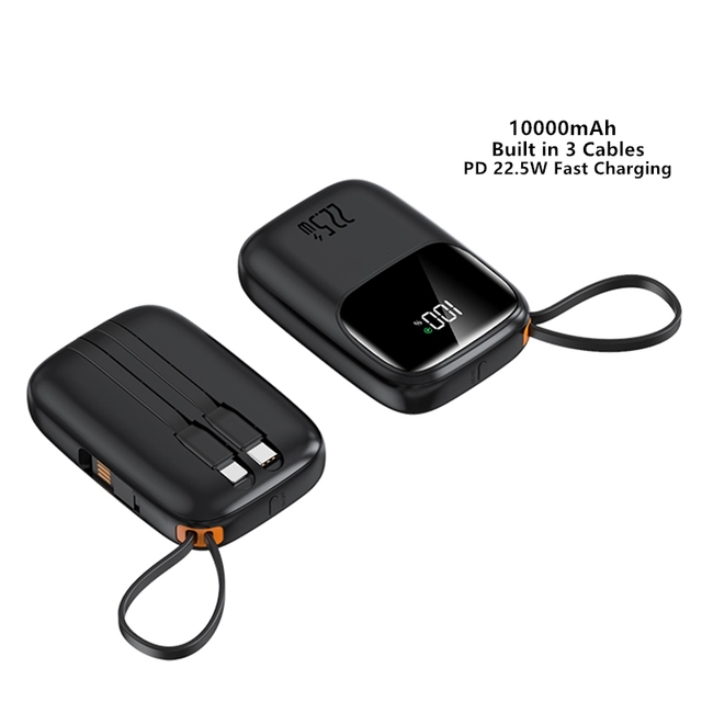 Lightweight High Capacity Mini Power Bank 10000mAh Built-in 3 Cables PD 22.5W Fast Charging LED Display Portable Charger Plastic