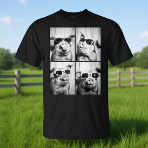 T-shirt unisexe pour adulte à manches courtes et col rond avec impression numérique de cochons avec des lunettes de soleil, promotionnel - Product Image 2