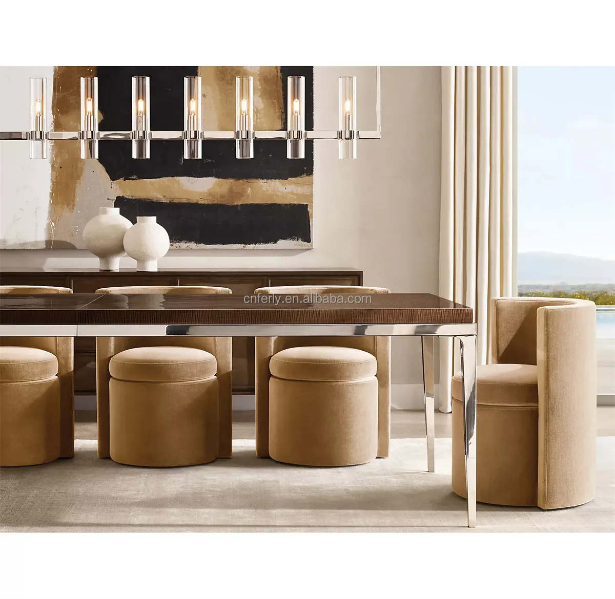 シンプルなデザインの屋内家具フレンチスタイル8ピース長方形木製テーブルと椅子ダイニングセット無垢材テーブル
