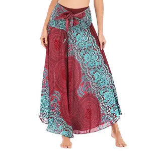 38# Women's Print Floral Long Hippie Bohemian Bandage Skirt Gypsy Boho Ladies Female Lace Up Flowers Elastic Waist Halter Skirt