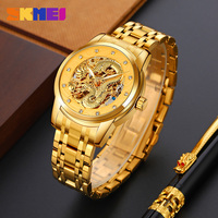 Jam tangan otomatis naga emas OEM/ODM jam tangan mewah Logo kustom untuk pria baja tahan karat tahan air harga murah