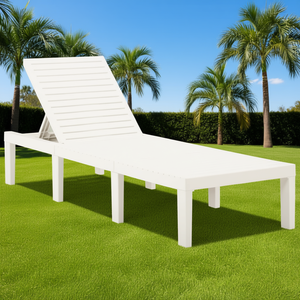 Chaise longue de jardin en plastique blanc, inclinable, avec dossier au design minimaliste, pieds effilés, réglage manuel - Product Image 2