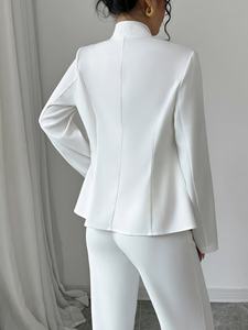 ชุดเซ็ต 2 ชิ้นสำหรับสุภาพสตรี ฤดูใบไม้ผลิและฤดูใบไม้ร่วง เสื้อโค้ทติดกระดุมสีพื้นเรียบง่าย จับคู่กับกางเกงขายาวทรงเข้ารูปสวมใส่สบาย เสื้อเบลเซอร์ผู้หญิง - Product Image 6