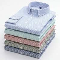 Kemeja Pria AQTQ 100% Katun Oxford Garis Vertikal Grosir Kerah Kancing Lengan Panjang Kasual Elegan untuk Kantor