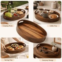 Plateau de service rond en bois d'acacia, plateau décoratif rond en bois pour table centrale, plateau de service rond en bois d'acacia avec poignée