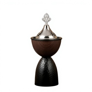 Decorative Wooden Bakhoor Burner with Metal Lid and Hammered Base for Incense Burning <b>Home</b> Decor and Tabletop Decoration - Product Image 1