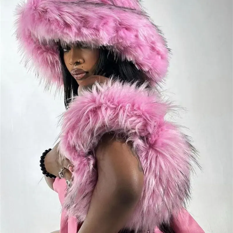 FM5 atacado novo design faux fur Tote Bags com chapéu buckut sacos de ombro fofo definir peludo Artificial Fur Bolsa e chapéus set