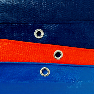 Bâche en PVC rayée bleue et orange avec œillets pour usage industriel - Product Image 2