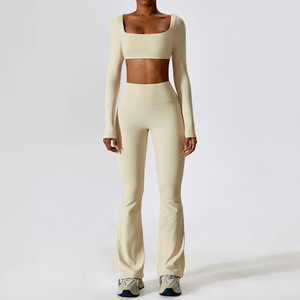 Women Long Sleeves Crop Top &amp; Wide Leg Flare Pants Gym Fitness Wear Set Workout Sports Clothes Pilates Yoga Outfits - Product Image 4