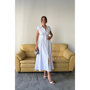 Vestido blanco sin mangas de popelina con botones frontales y detalle de pliegues en la cintura, largo midi informal, talla S - Product Image 2