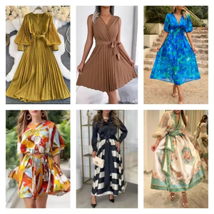 2026 Spring Lantern Sleeve v Neck Dresses With Belt Pleated Dress Random Style - Product Image 5