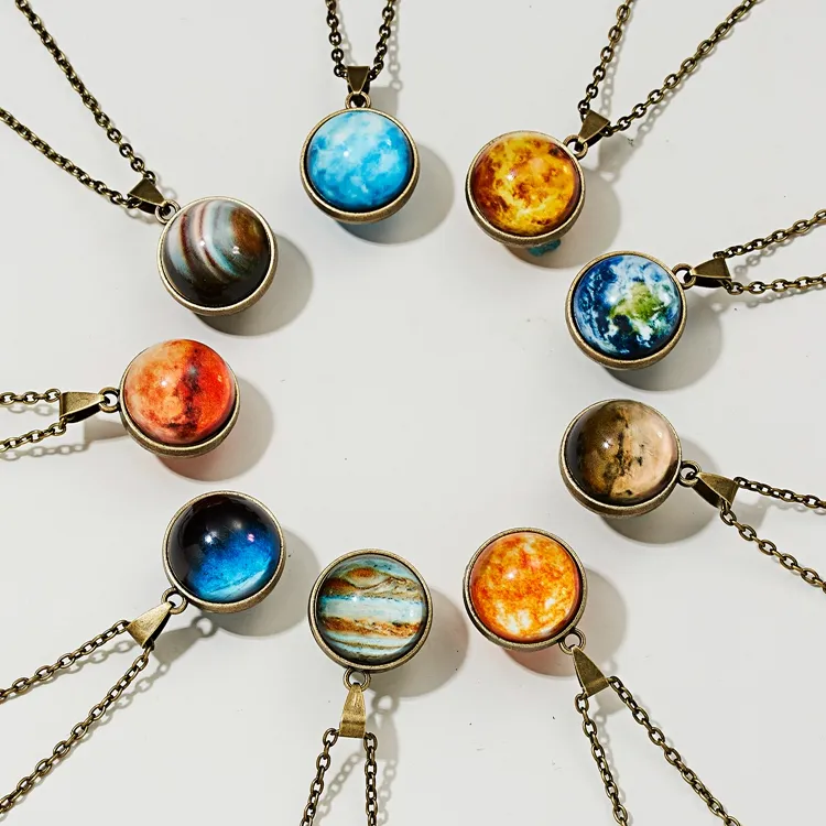 Personalidad Vintage de la joyería de los hombres bola de cristal brillante tierra Marte ocho planetas colgante de collar para las mujeres