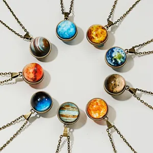 Collier pendentif Vintage pour hommes et femmes, bijoux boule de verre, pierre scintillante, terre, huit planètes, nouveauté