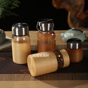 Chinese Handmade Bamboo Woven Glass Tea Water Bottle With Lid Stainless Steel Large Bellied Cup For Women Cold Drink Storage - Product Image 2