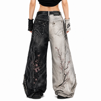 Pantalon en jean ample DiZNEW personnalisé avec broderie de fleurs de cerisier, effet vieilli, couleur contrastée, style Y2K, streetwear, usine BSCI