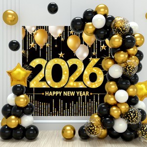 ชุดตกแต่งปาร์ตี้วันเกิดปีใหม่ 2026 แบนเนอร์ ลูกโป่ง สีดำทอง ผ้าไหมและพลาสติก ของตกแต่งจากจีน - Product Image 1