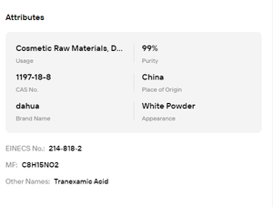 Poudre d'acide tranexamique (TXA) de qualité cosmétique, matière première fonctionnelle de haute pureté pour l'éclaircissement de la peau et l'élimination des taches - Product Image 6