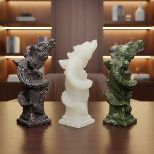 ของตกแต่งโต๊ะรูปปั้นเสามังกรฮวงจุ้ยหยกแกะสลักด้วยมือเสามังกรที่ดึงดูดความมั่งคั่งและโชคดี - Product Image 1