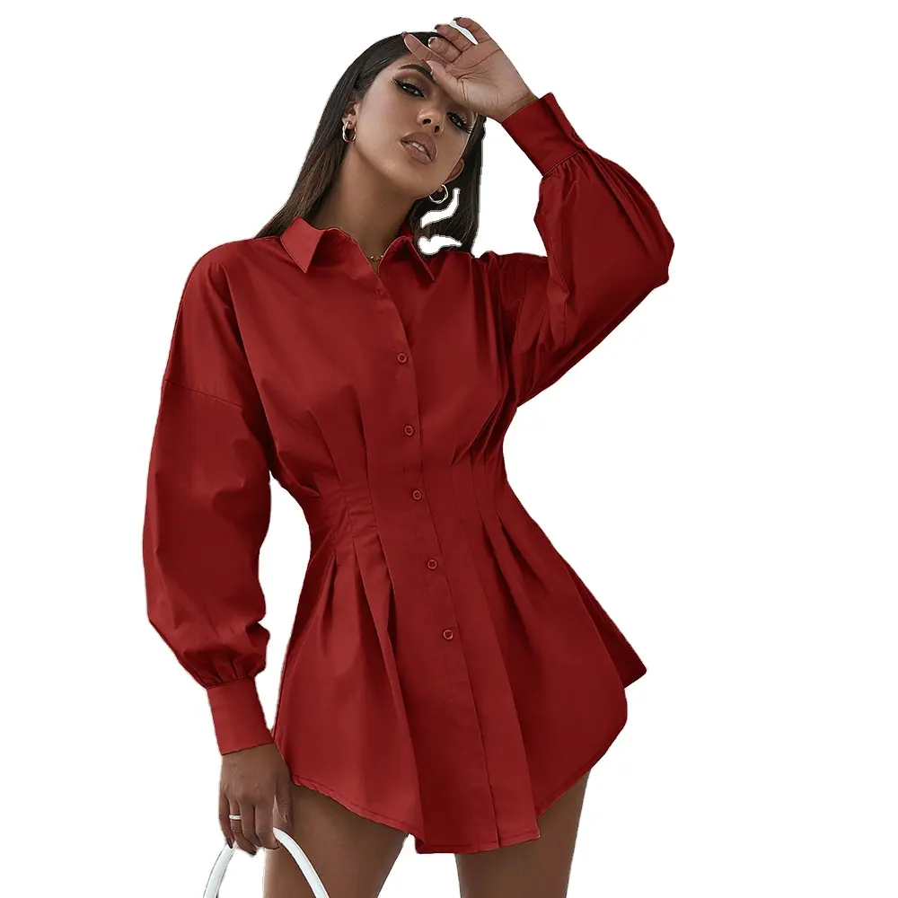 Dropshipping apparels Wholesale Fashion Clothing Single-breasted Long Sleeve Belly band shirt dress Women shirt Dress