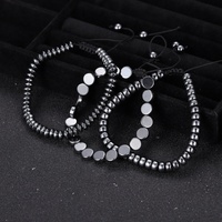 Bracelet en corde tressée ajustable fait main en forme de cœur géométrique, avec pierres naturelles noires et perles d'hématite, vente en gros